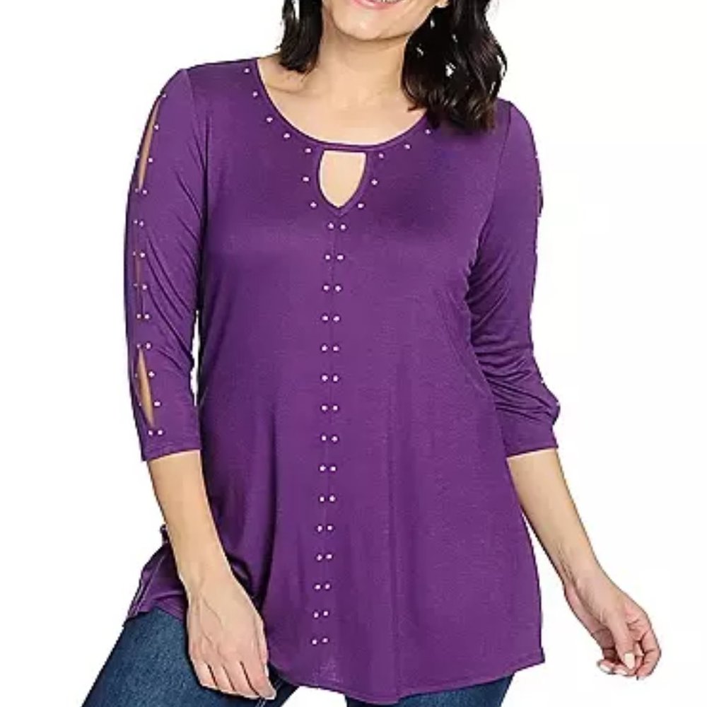 Glitterscape Jersey Knit 3/4 Slit Sleeve Top 2X